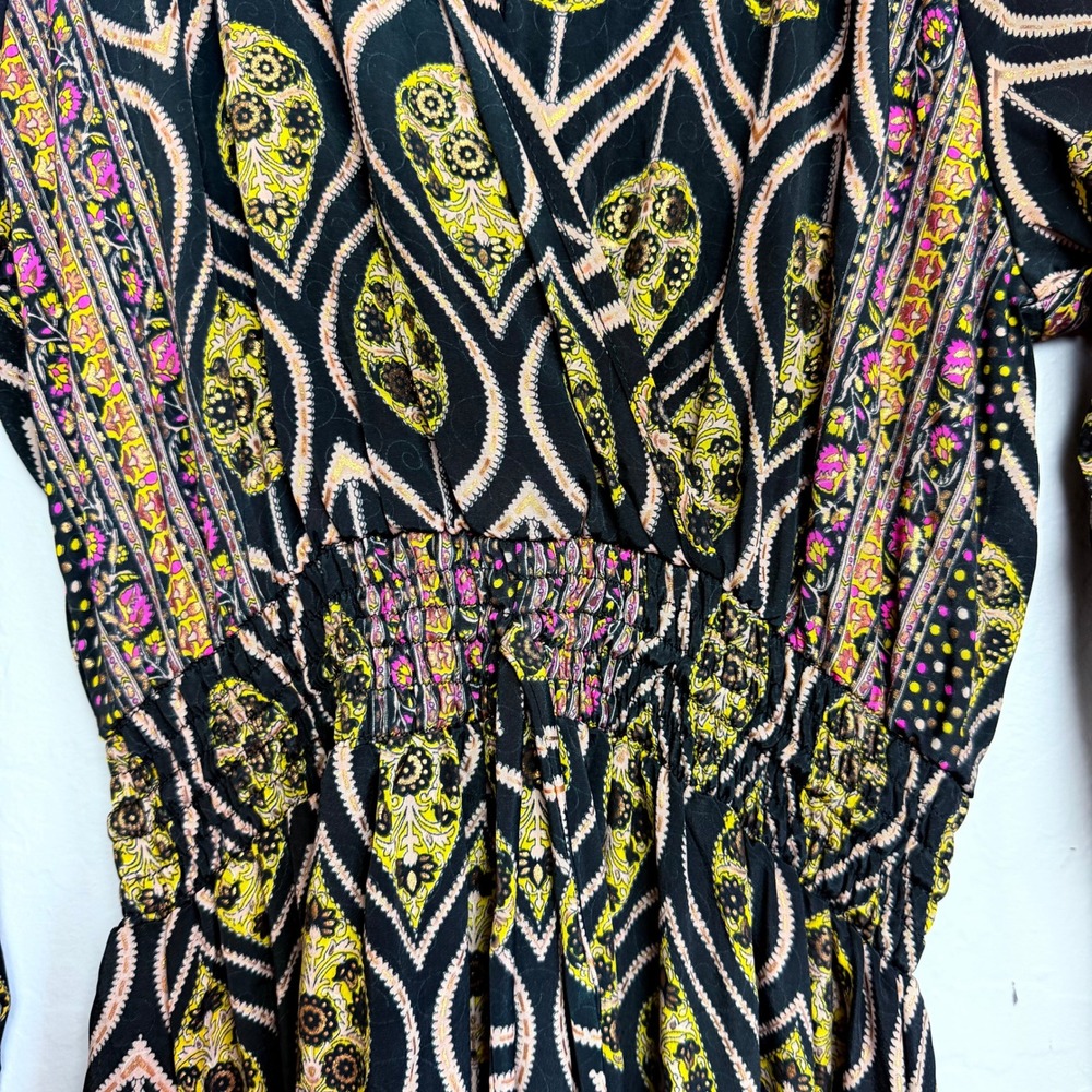 NEW Raga Asmee Maxi Dress Small Black Gold Boho Paisley Smocked V-Neck Long Slv - Picture 5 of 13